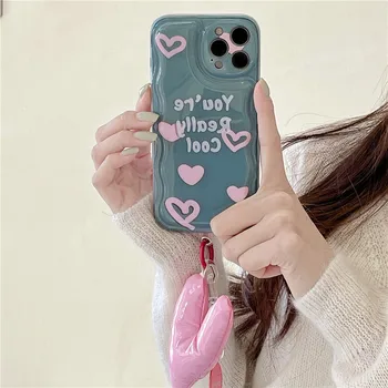3D Koreya yoqimli Sevgi yurak Furball telefon zanjiri iPhone uchun yumshoq telefon Case 13 12 Pro Max XR X XS Max hashamatli estetik Funda Rasm
