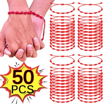 50pcs Handmade 7 Knots Red String Bracelet sevgililarni himoya qilish uchun Lucky Amulet va Do'stlik Braid arqon bilaguzuk zargarlik sovg'asi Rasm