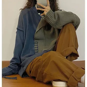 Dangasa Harajuku estetikasi Gothic kontrast paneli tartibsiz Pullover ayollar kuzgi tasodifiy trikotaj bo'sh 2023 yangi kozok Rasm